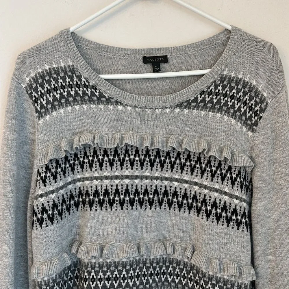 Talbots Women’s Fair Isle Lambs wool blend ruffle knit sweater gray black XL EUC